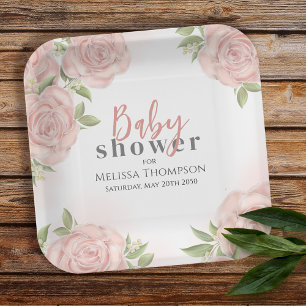 Pink Floral Baby Girl Shower Botanical Blush Rose Paper Plate
