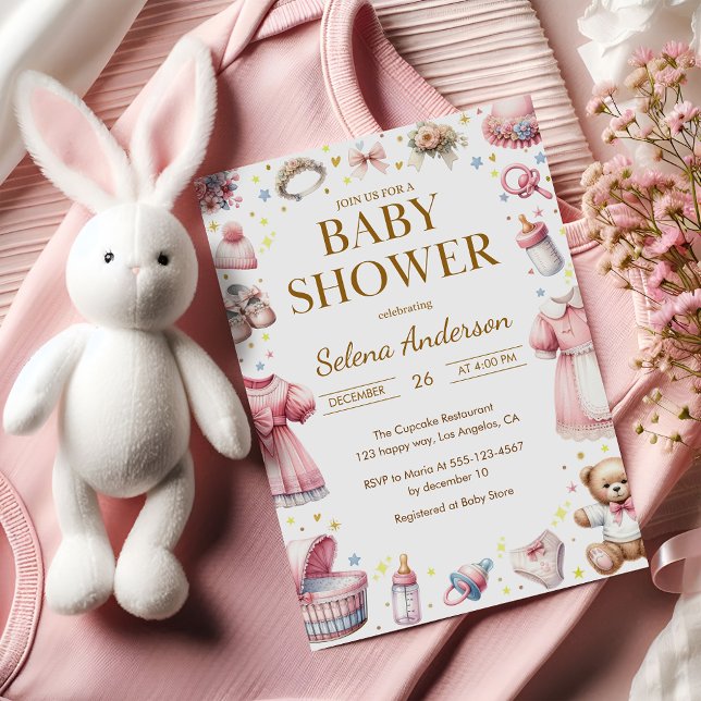 Pink Floral Baby Girl Shower Invitation with Toys  (Creator Uploaded)