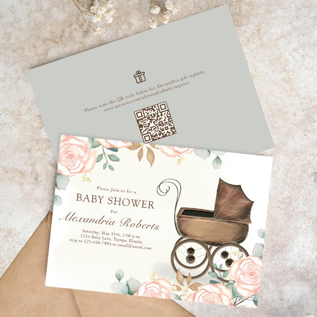 Pink Floral Baby Girl Shower Vintage Template (Baby shower blush floral custom invitations. )