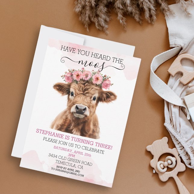 Pink Floral Baby Highland Cow Birthday   Invitation (Creator Uploaded)