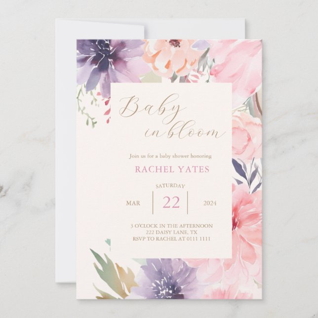 Pink Floral Baby in Bloom Baby Shower Invitation  (Front)
