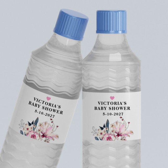Pink Floral Baby in Bloom Baby Shower Water Bottle Label (Creator Uploaded)
