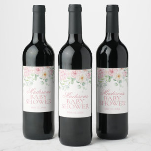 Pink Floral Baby in Bloom Hydrangea Baby Shower Wine Label