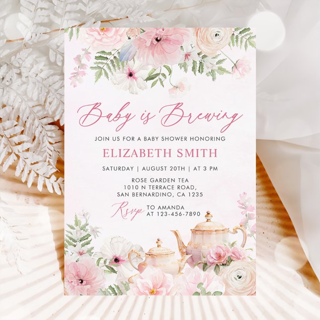 Pink Floral Baby is Brewing Tea Party Baby Shower Invitation (Creator Uploaded)