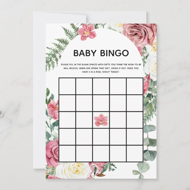 Pink Floral Baby Shower Baby Bingo Card (Front)