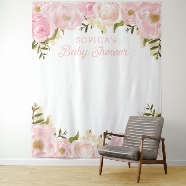 Pink Floral Baby Shower Backdrop Photo Prop Tapestry (In Situ)