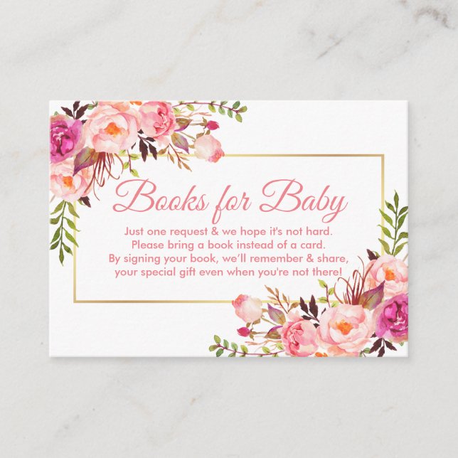 Pink Floral Baby Shower Books for Baby Card (Front)