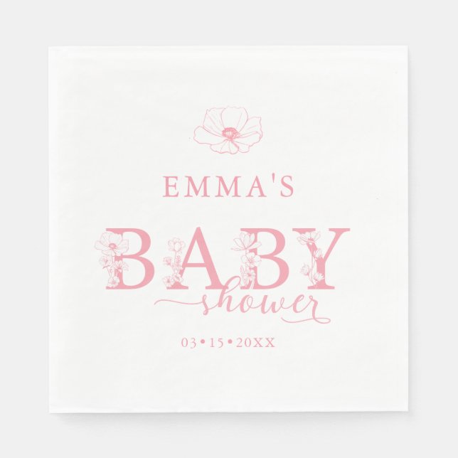 Pink Floral Baby Shower | Elegant Wildflower Napkin (Front)