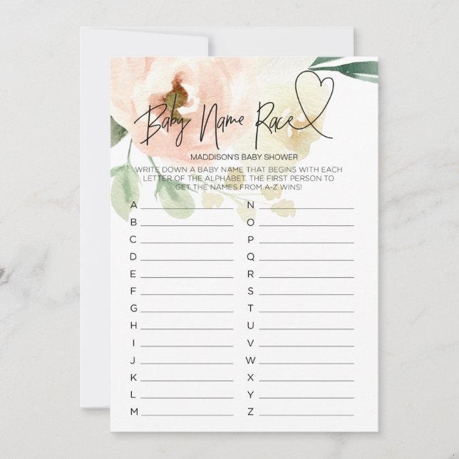 Pink Floral Baby Shower Game Baby Name Race Card (Front)
