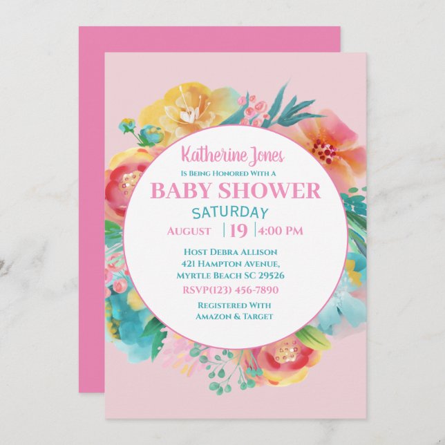   Pink Floral Baby Shower Invitation (Front/Back)
