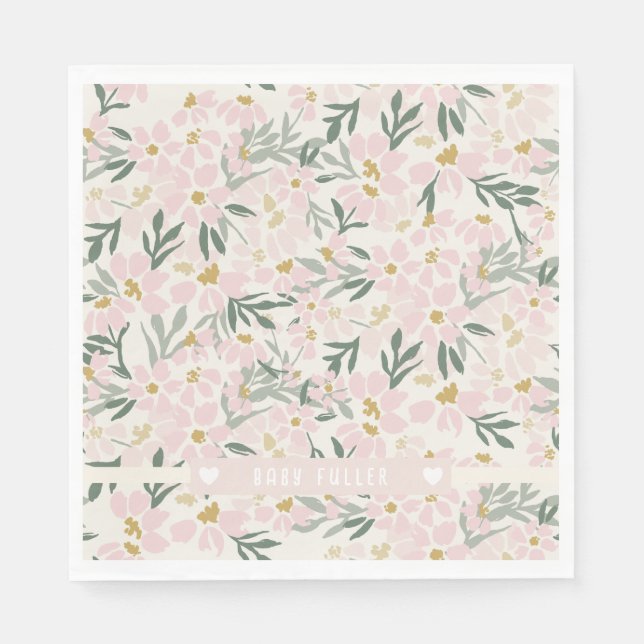 Pink Floral Baby Shower Paper Napkin with Name (Front)