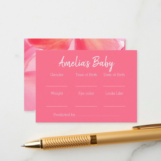 Pink Floral Baby Shower Predictions Game   Enclosure Card (Front/Back In Situ)