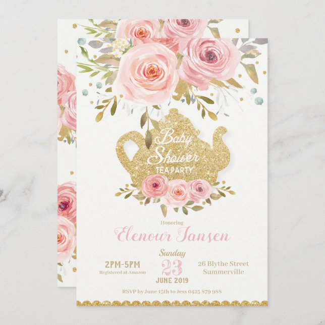 Pink Floral Baby Shower Tea Party Invitation Girl (Front/Back)