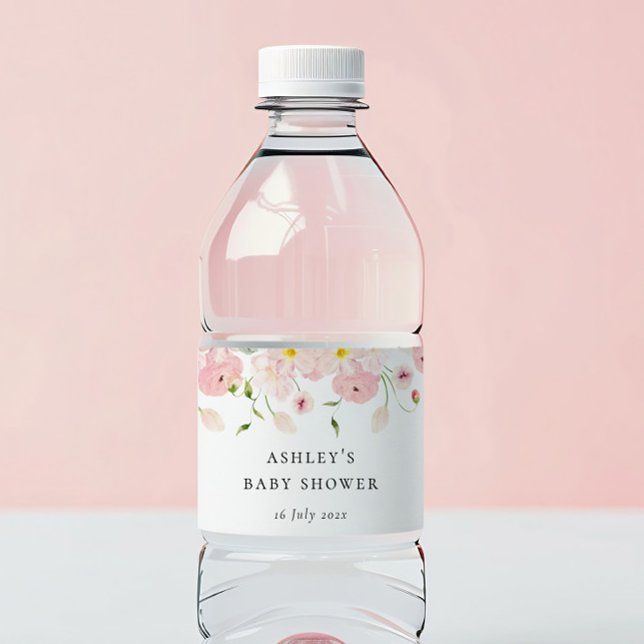 Pink Floral Baby Shower Water Bottle Label (Creator Uploaded)