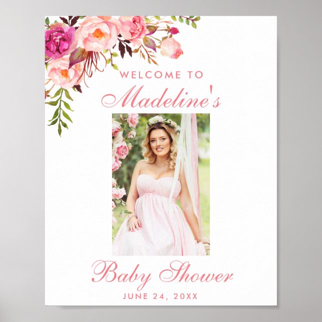 Pink Floral Baby Shower Welcome Photo Poster (Front)