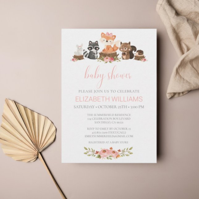 Pink Floral Baby Shower Woodland Forest Animals  Invitation (Creator Uploaded)