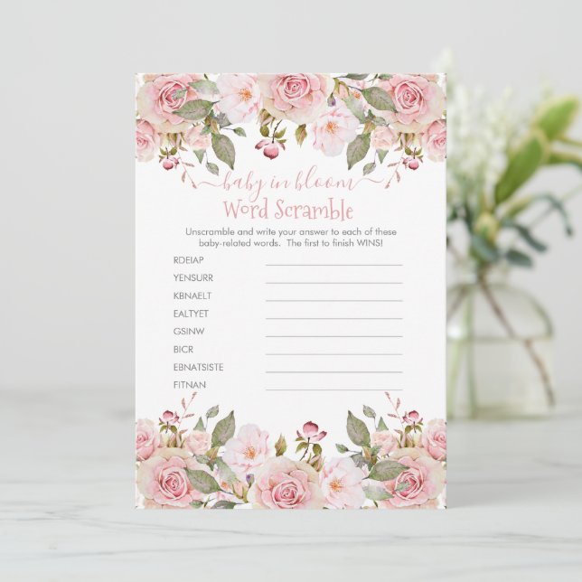 Pink Floral Baby Shower Word Scramble Game Card (Standing Front)