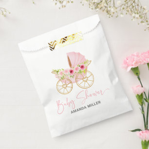 Pink floral Baby Stroller, Baby Shower Typography Favour Bag