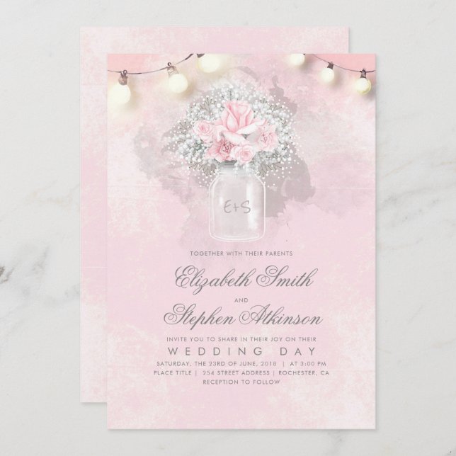 Pink Floral Baby's Breath Mason Jar Rustic Wedding Invitation (Front/Back)