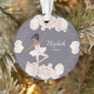 Pink Floral Ballerina Black Hair Girl Personalised Ornament