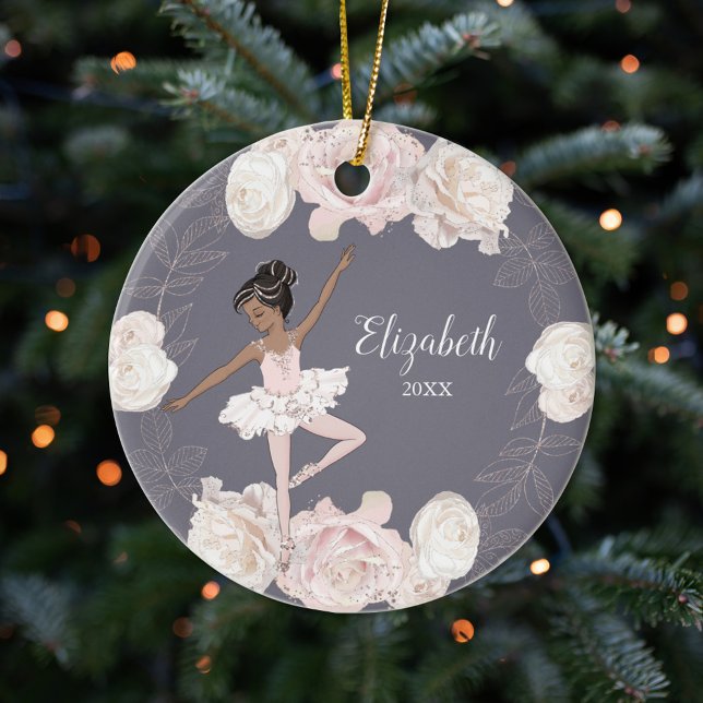 Pink Floral Ballerina Black Hair Girl Personalized Ceramic Ornament (Creator Uploaded)