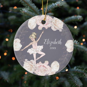 Pink Floral Ballerina Blonde Girl Personalized Ceramic Ornament