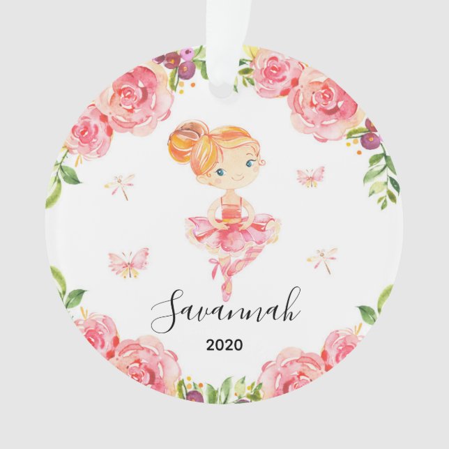 Pink Floral Ballerina & Butterfly Girls Christmas Ornament (Front)