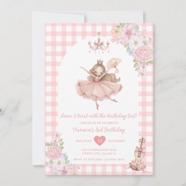 Pink Floral Ballerina Dance and Twirl Birthday Invitation (Front)
