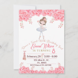 Pink Floral Ballerina Doll Birthday Invitation