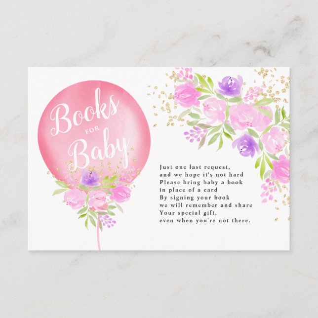 Pink floral balloon books for baby shower enclosure card (Front)