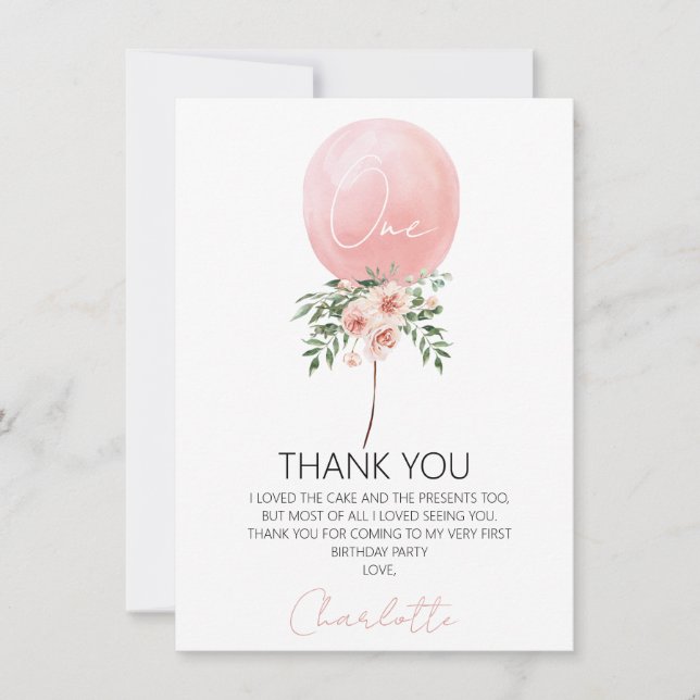 Pink Floral Balloon First Birthday Thank You Card (Front)