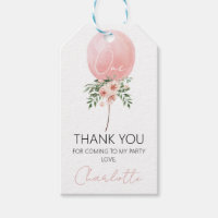 Pink Floral Balloon First Birthday Thank You Tag
