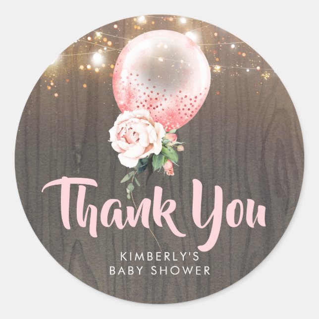Pink Floral Balloon Garland Rustic Baby Shower Classic Round Sticker (Front)