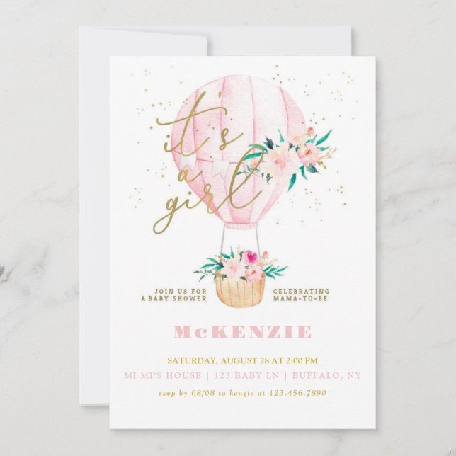 Pink Floral Balloon Girl Baby Shower Invitation (Front)