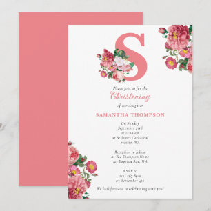 Pink Floral Baptism Christening Baby Girl Initials Invitation