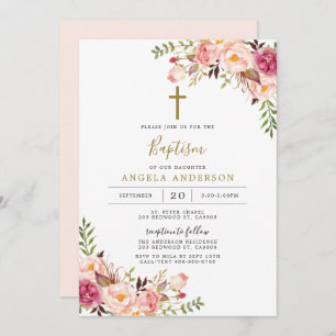 Pink Floral Baptism/Christening Invitation