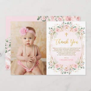 Pink Floral Baptism Christening Thank You Card