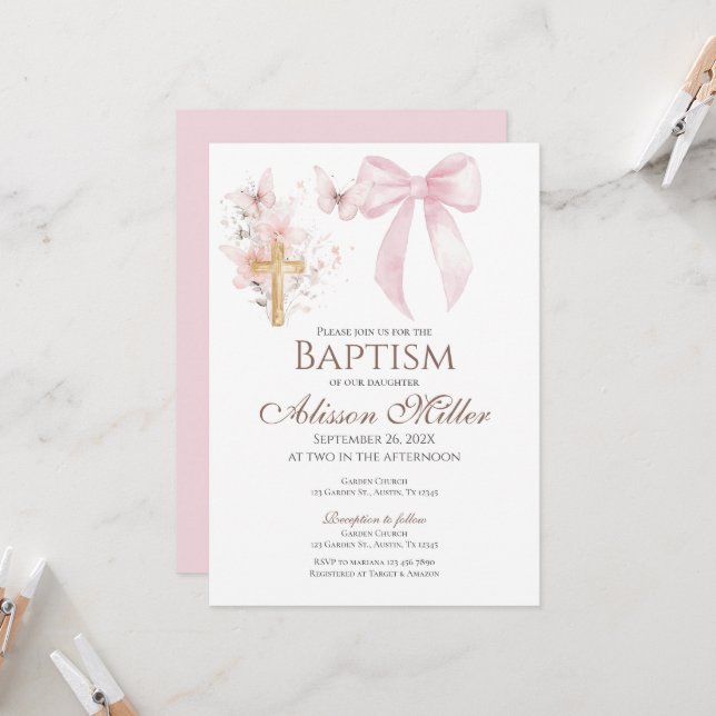 Pink Floral Baptism  Invitation (Front/Back In Situ)