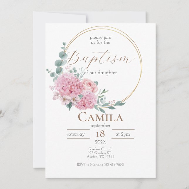 Pink Floral Baptism Invitation For Girl in Spanish (Front)