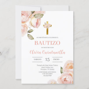 Pink Floral Baptism Spanish Invitation