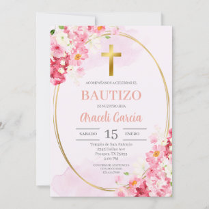 Pink Floral Baptism Spanish Invitation