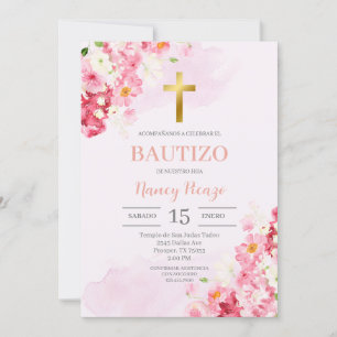Pink Floral Baptism Spanish Invitation