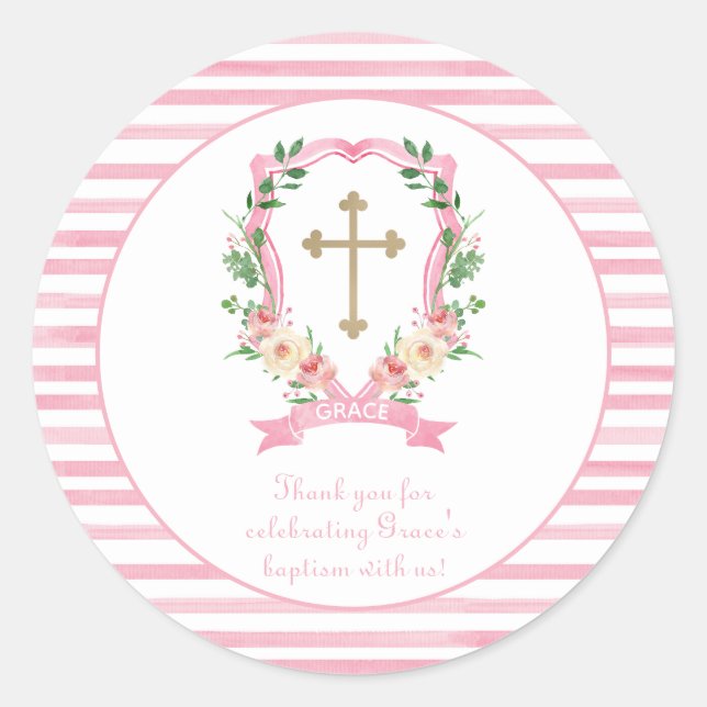 Pink Floral Baptism Thank You Classic Round Sticker (Front)