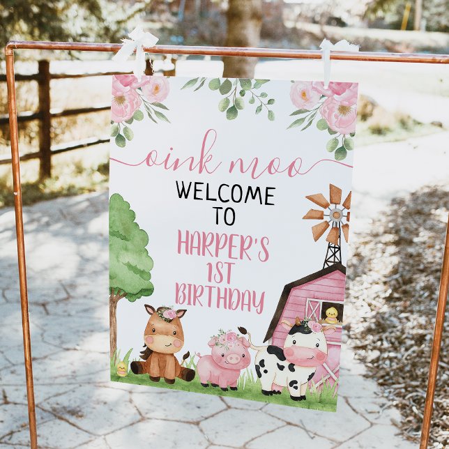 Pink Floral Barn Farm Animal Birthday Welcome Sign (Oink moo, pink farm 1st birthday welcome sign with pink barn, cute farm animals and pink flowers.)