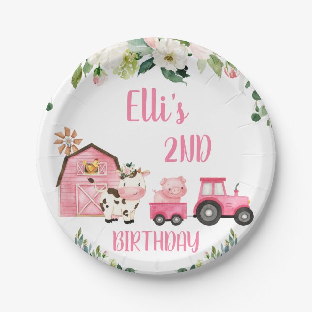 Pink Floral Barn Tractor Farm Birthday Paper Plate (Front)