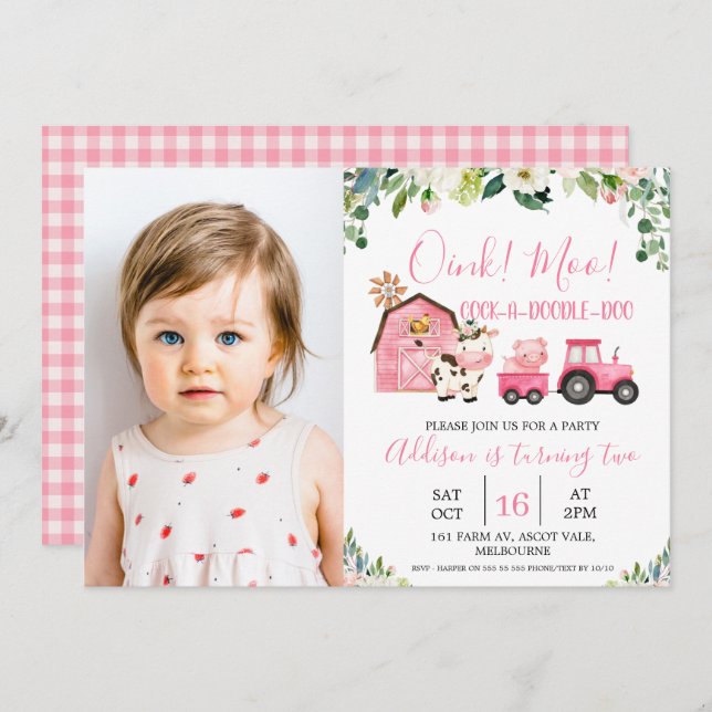 Pink Floral Barn Tractor Farm Photo Birthday Invitation (Front/Back)