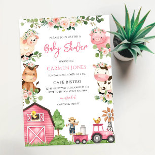 Pink Floral Barnyard Baby Shower Invitation