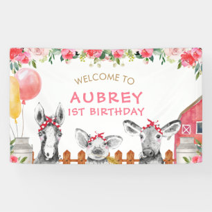 Pink Floral Barnyard Farm Farmyard Birthday Banner