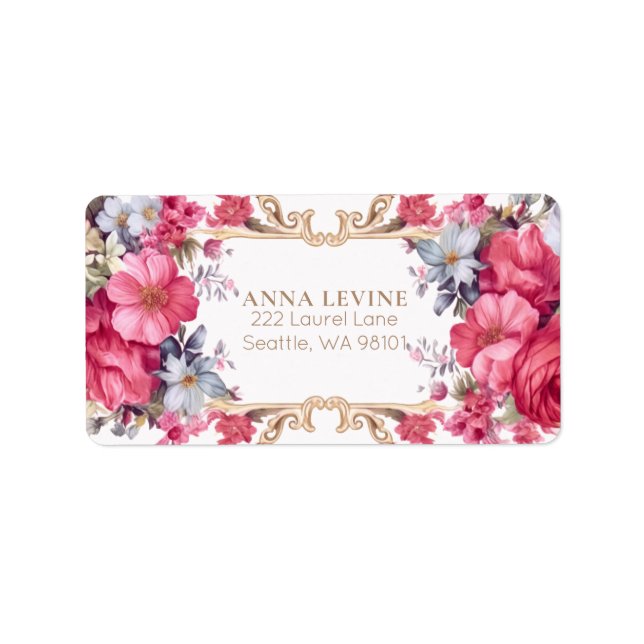 Pink Floral Baroque Romantic Gold Frame Label (Front)