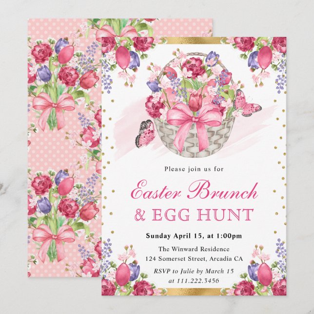 Pink Floral Basket and Butterflies Easter Brunch Invitation